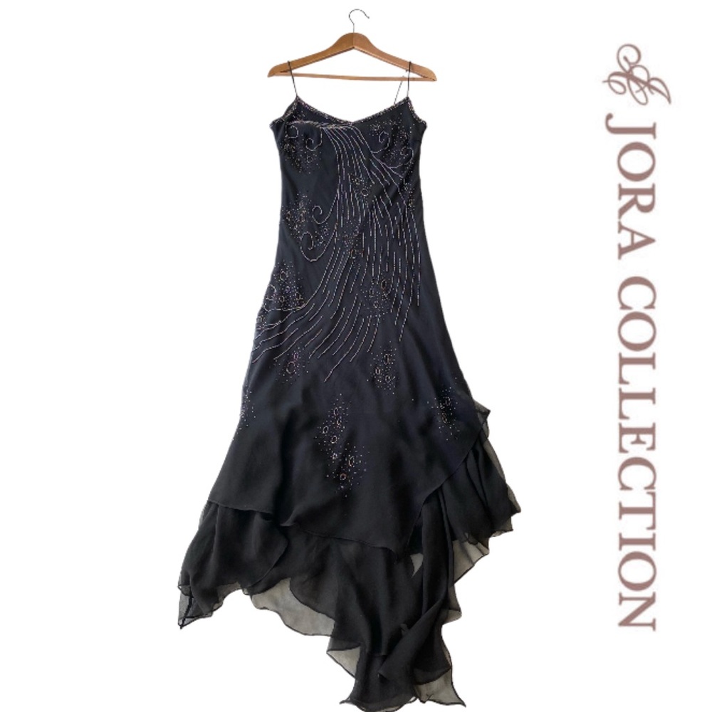 Black Beaded Asymmetrical Slip Dress